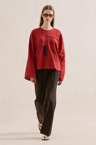 Linen Wide Sleeve Blouse Red
