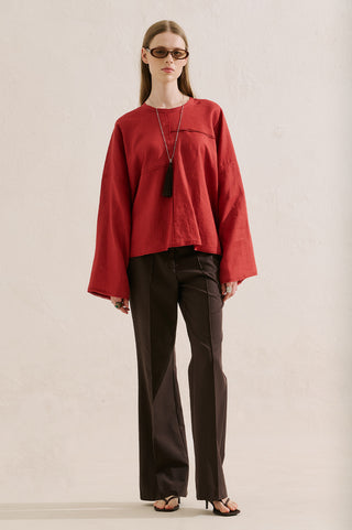 Linen Wide Sleeve Blouse Red
