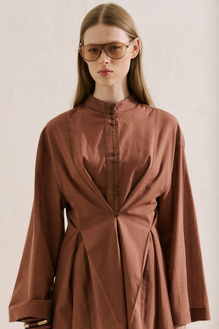 Layered Pleat Buttoned Shirt Warm Brown