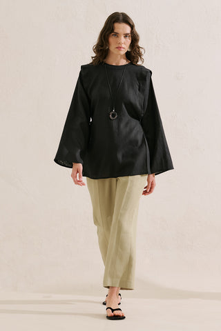 Linen Tie Detail Wide Sleeve Tunic Black