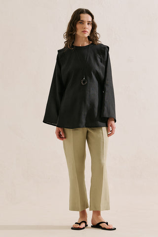 Linen Tie Detail Wide Sleeve Tunic Black