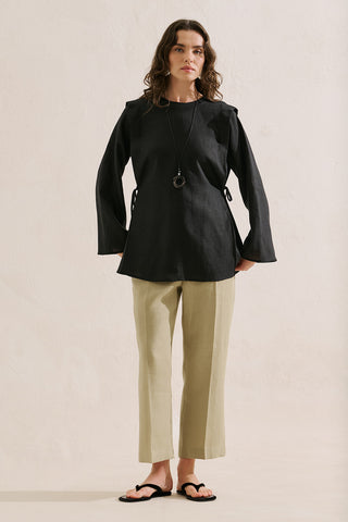 Linen Tie Detail Wide Sleeve Tunic Black