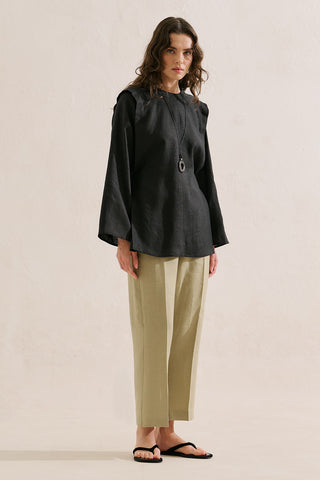 Linen Tie Detail Wide Sleeve Tunic Black