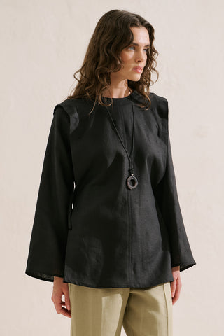 Linen Tie Detail Wide Sleeve Tunic Black