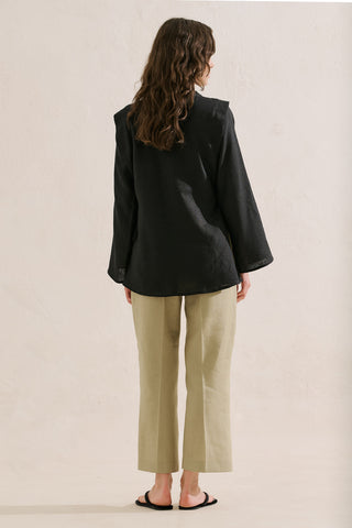 Linen Tie Detail Wide Sleeve Tunic Black