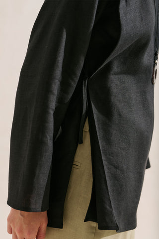 Linen Tie Detail Wide Sleeve Tunic Black