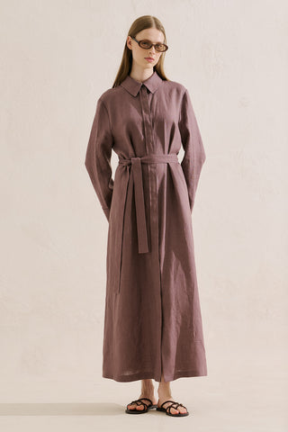 Linen Belted Shirt Dress Lavender