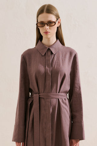 Linen Belted Shirt Dress Lavender