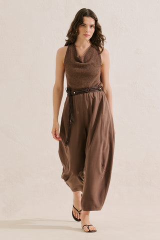 Linen Blend Harem Trousers Brown