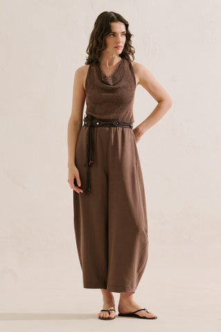 Linen Blend Harem Trousers Brown