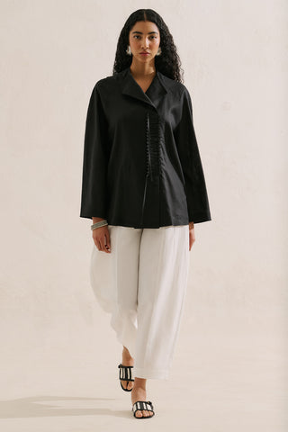 Linen Blend Tie Detail Tunic Black