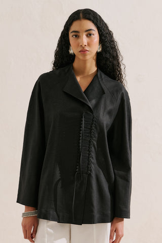 Linen Blend Tie Detail Tunic Black