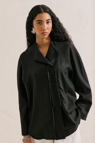 Linen Blend Tie Detail Tunic Black