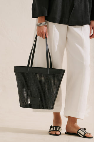 Ira Woven Leather Bucket Bag Black