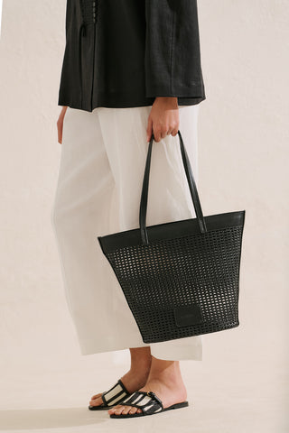 Ira Woven Leather Bucket Bag Black
