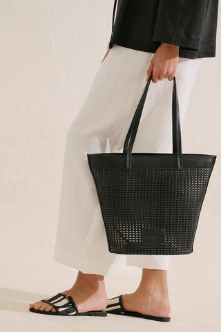 Ira Woven Leather Bucket Bag Black