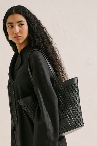 Ira Woven Leather Bucket Bag Black
