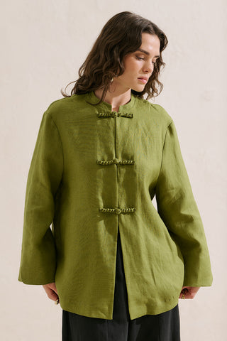 Linen Tie Detail Jacket Green