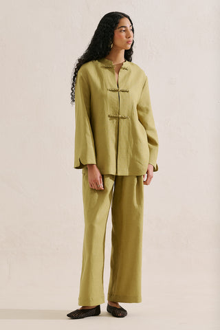 Linen Tie Detail Jacket Olive Green