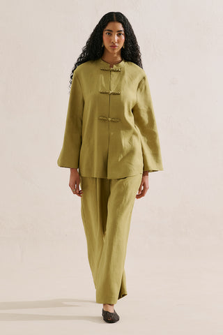 Linen Tie Detail Jacket Olive Green