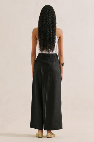 Linen Wrap Front Trousers Black
