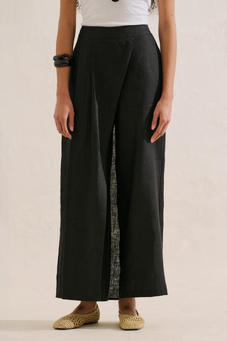 Linen Wrap Front Trousers Black