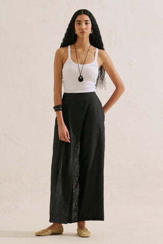 Linen Wrap Front Trousers Black