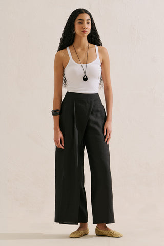 Linen Wrap Front Trousers Black