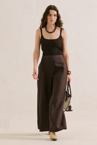 Linen Wrap Front Trousers Dark Brown