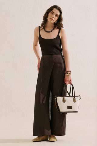 Linen Wrap Front Trousers Dark Brown