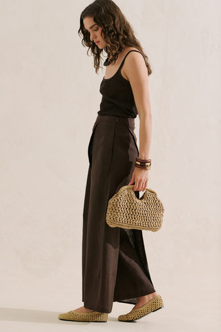 Linen Wrap Front Trousers Dark Brown