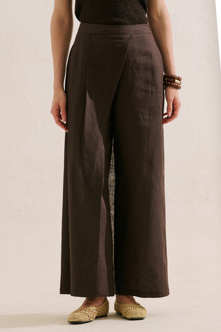 Linen Wrap Front Trousers Dark Brown