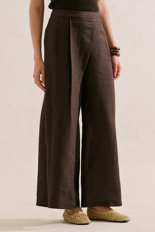 Linen Wrap Front Trousers Dark Brown