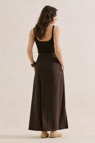 Linen Wrap Front Trousers Dark Brown