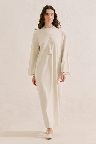 Embroidered Relaxed Dress Beige