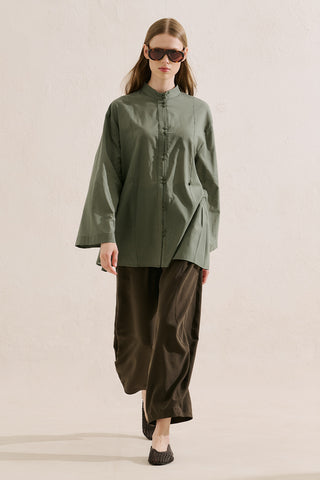 Layered Pleat Buttoned Shirt Green