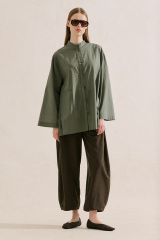 Layered Pleat Buttoned Shirt Green
