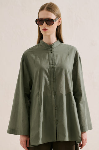 Layered Pleat Buttoned Shirt Green