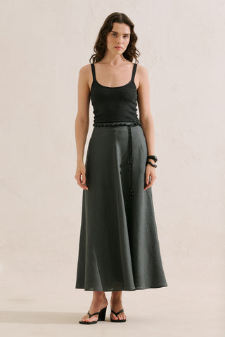 Linen Ruffle Skirt Dark Green