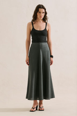 Linen Ruffle Skirt Dark Green