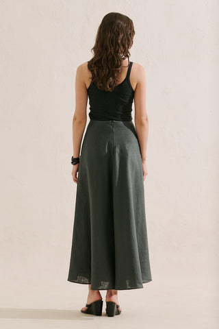 Linen Ruffle Skirt Dark Green