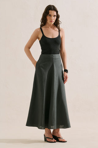 Linen Ruffle Skirt Dark Green