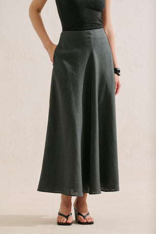 Linen Ruffle Skirt Dark Green