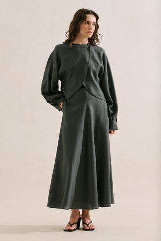 Linen Ruffle Skirt Dark Green