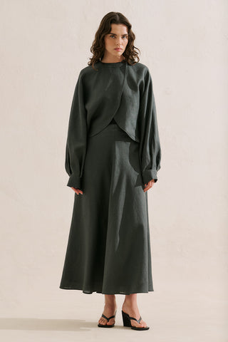 Linen Ruffle Skirt Dark Green
