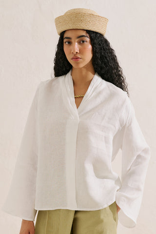 Layered Collar Linen Blouse Ecru