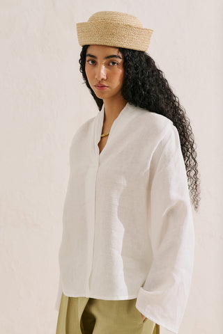 Layered Collar Linen Blouse Ecru