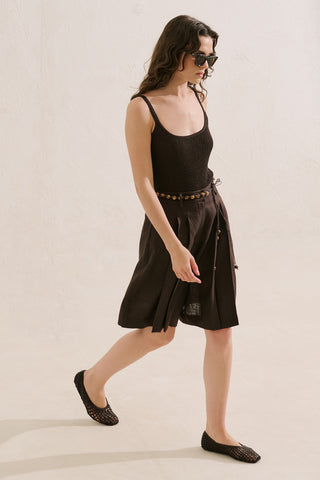 Pleated Linen Bermuda Shorts Dark Brown
