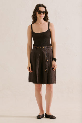 Pleated Linen Bermuda Shorts Dark Brown