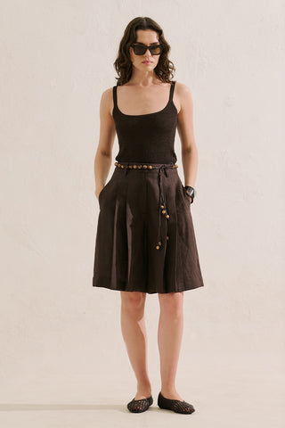Pleated Linen Bermuda Shorts Dark Brown